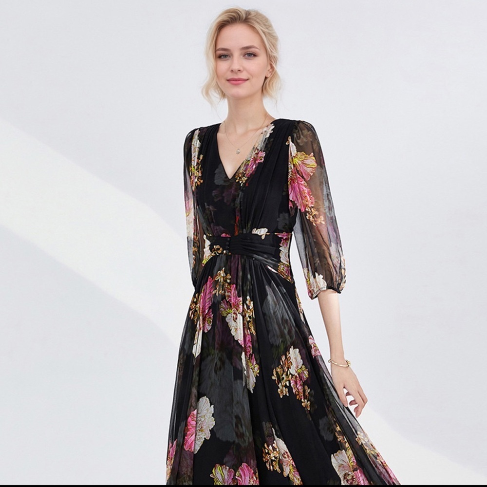 100% Silk Maxi Dress Floral Print For Beach honeymoon moon sz XL-2XL - Picture 4 of 9